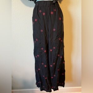 Johnny Was Black Embroidered Floral Wide‎ Leg Pants Elastic Waist Sz Large New